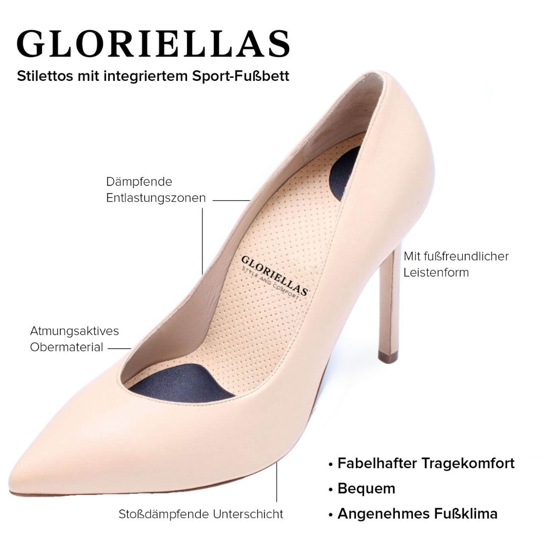 Gloriellas Stilettos Harmonie beige Pumps bequeme High Heels beige hohe Schuhe was ist das besondere an Gloriellas Tragekomfort