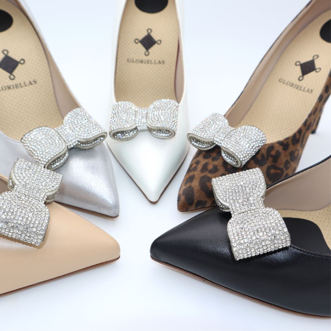 Gloriellas Schuhclips Glam Diva silberne Glitzerschleife Schuhaccessoire mit edlen High Heels