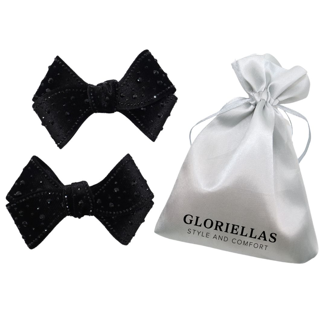 Gloriellas Schuhclips Black Velvet Glam Schwarze Samtschleife mit Glitzer