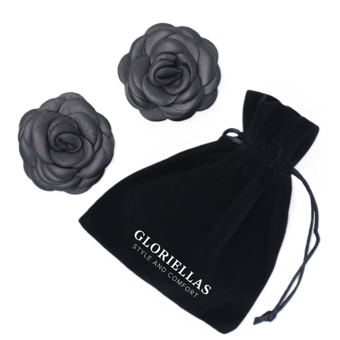 Gloriellas Clips Black Camelita Schuhclips aus echtem Leder in Blütenform Schuhaccessoire