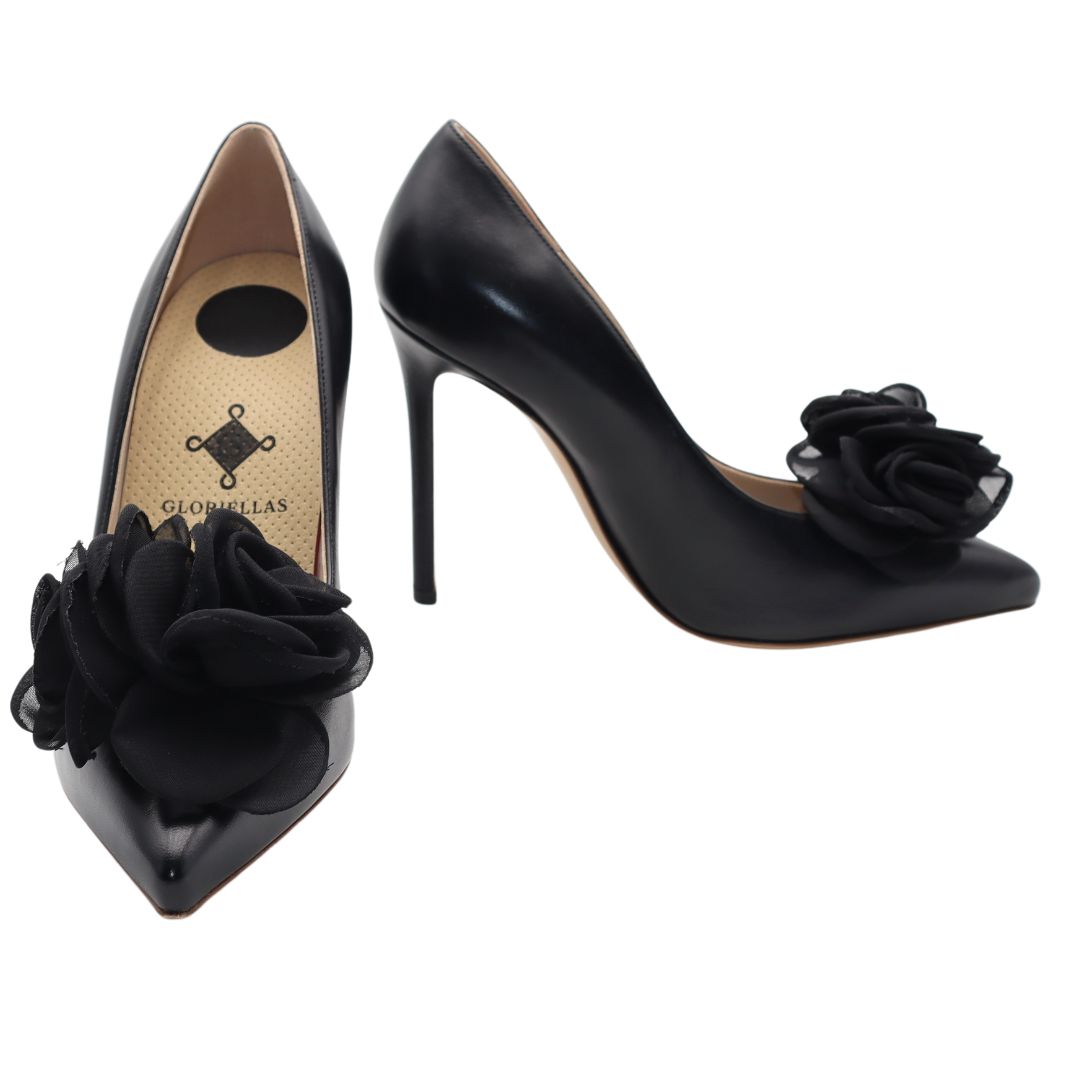 Gloriellas Schuhclips Black Secret schwarze Blüte aus Tüll und schwarze High Heels