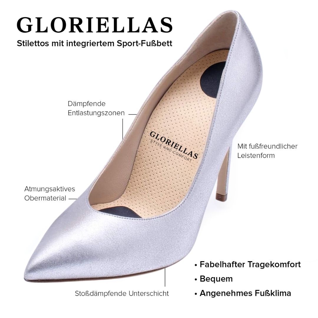 Gloriellas Stilettos Glam Diva silberne Pumps bequeme High Heels silberne hohe Schuhe was is tdas besondere an Gloriellas Tragekomfort