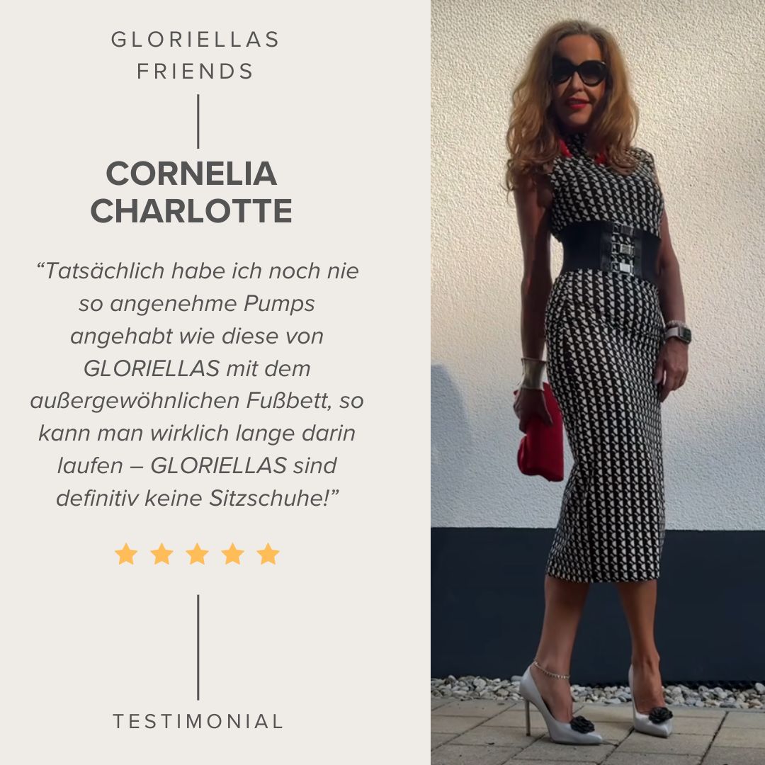 Gloriellas Stilettos Glam Diva silberne Pumps bequeme High Heels silberne hohe Schuhe Feedback Testimonials zum Tragekomfort