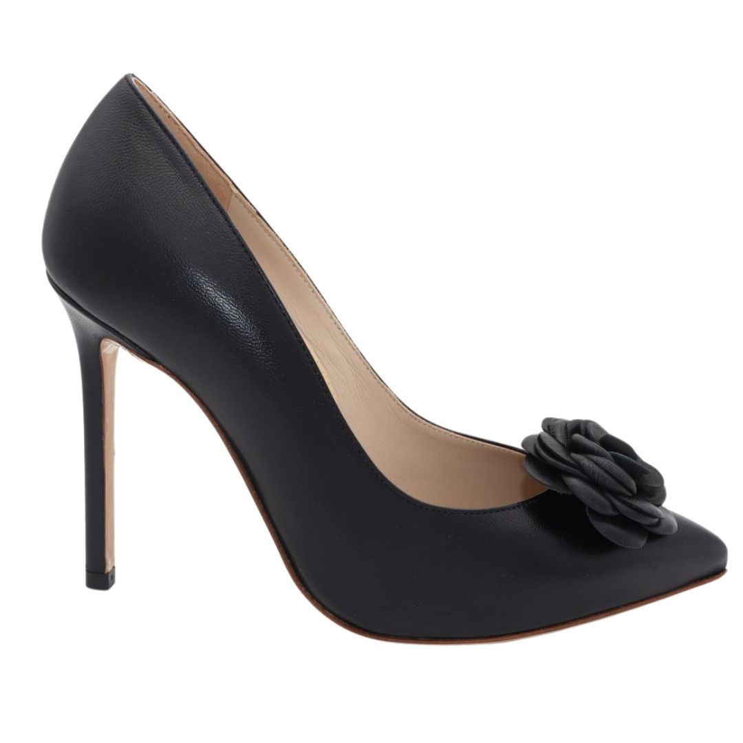 Gloriellas Clips Black Camelita Schuhclips aus echtem Leder in Blütenform Schuhaccessoire mit schwarzem High Heel