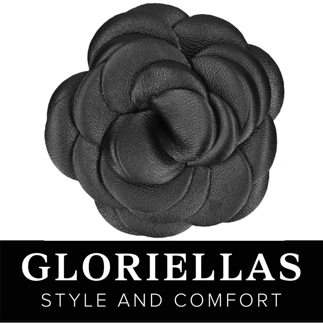 Gloriellas Clips Black Camelita Schuhclips aus echtem Leder in Blütenform Schuhaccessoire